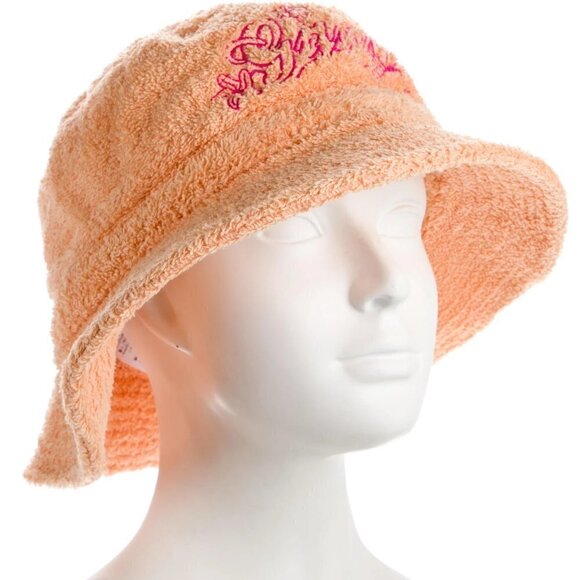 New GANNI Logo Embroidered Terrycloth Bucket Beach Hat Peach Fuzz NWT Size XS/S